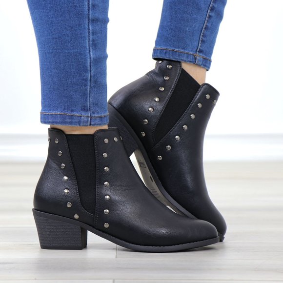 Shoes - Black Synthetic Leather Chelsea Pointed Toe Low Heel Ankle Boots Metal Studs
